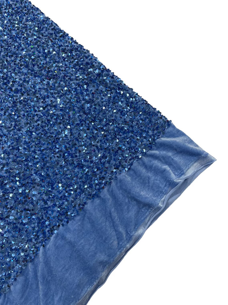 Stretch Velvet Sequins Fabric - Baby Blue Full - Velvet Sequins 2 Way Stretch 58/60” By Yard