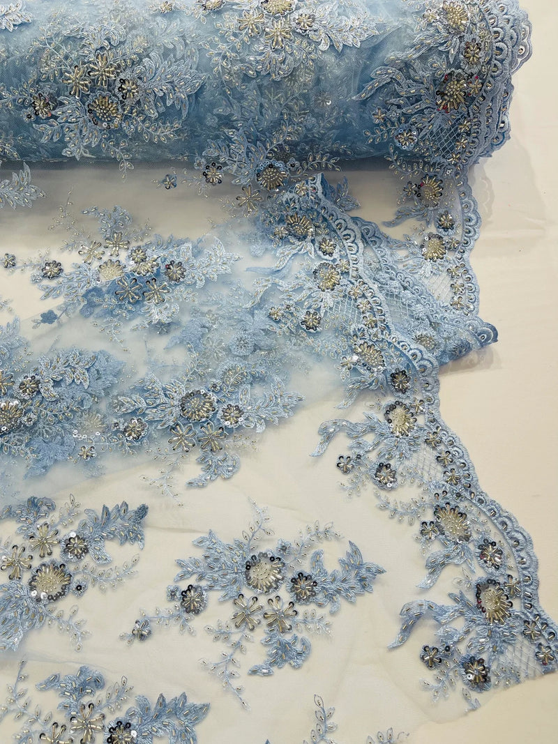 Beaded Flower Sequins Fabric - Baby Blue - Embroidered Beaded Floral Clusters Sequins Fabric By Yard
