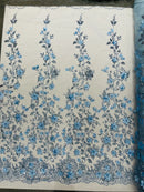 3D Flower Glitter Fabric - Baby Blue - Floral Glitter Sequin Design on Lace Mesh Fabric by Yard