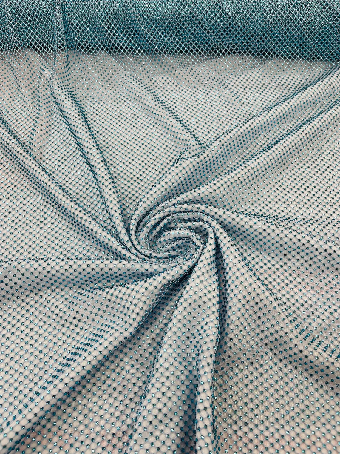Fish Net Spandex Rhinestone Fabric - Baby Blue - Solid Spandex Fish Net Design Fabric with Rhinestones by Yard