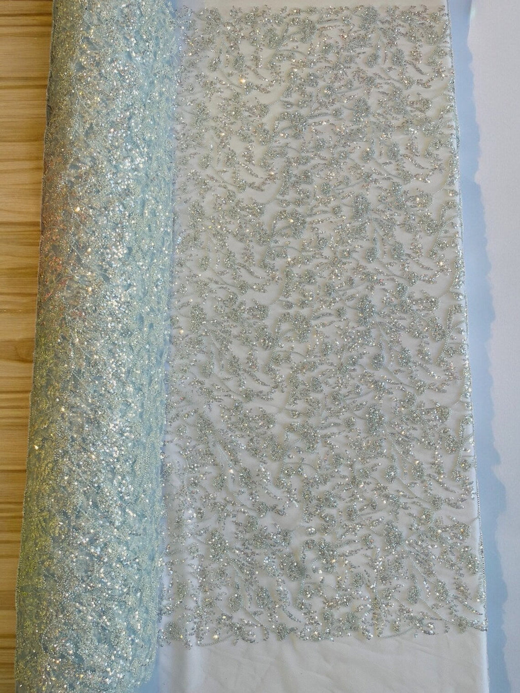 Beaded Floral Plant Design - Baby Blue - Embroidered Beaded Flower Plants Sequins Fabric By Yard