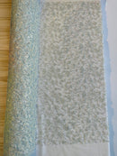 Beaded Floral Plant Design - Baby Blue - Embroidered Beaded Flower Plants Sequins Fabric By Yard