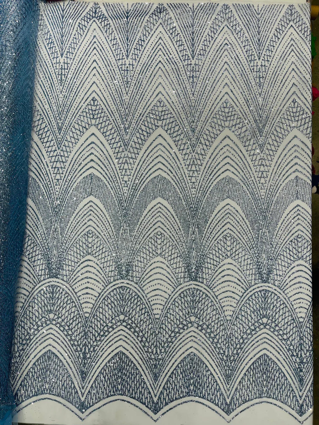 Geometric Glitter Fabric - Baby Blue - Shimmer Glitter Geometric Design Fabric By Yard