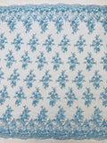 3D Embroidered Floral Fabric - Baby Blue - 3D Rhinestone and Sequins Floral Fabric Sold By Yard