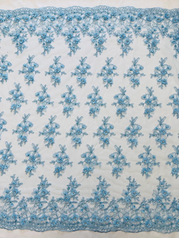 3D Embroidered Floral Fabric - Baby Blue - 3D Rhinestone and Sequins Floral Fabric Sold By Yard