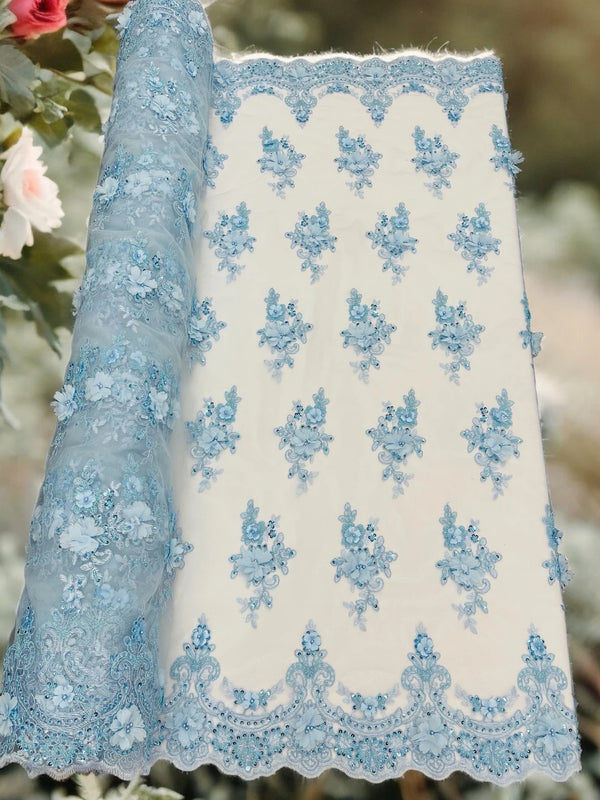 3D Floral Pearl Design - Baby Blue - Floral Embroidered Pearls and Sequins Fabric By Yard