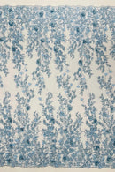 3D Flower Rhinestone Design - Baby Blue - Embroidered Flower Sequins Lace Fabric By Yard