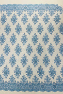 Floral Pearl Bead Fabric - Baby Blue - Flower Design with Beads and Sequins Fabric Sold By Yard