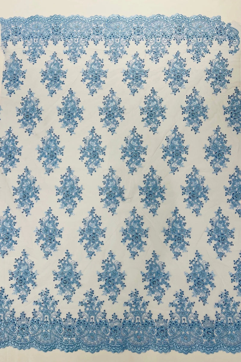 Floral Pearl Bead Fabric - Baby Blue - Flower Design with Beads and Sequins Fabric Sold By Yard