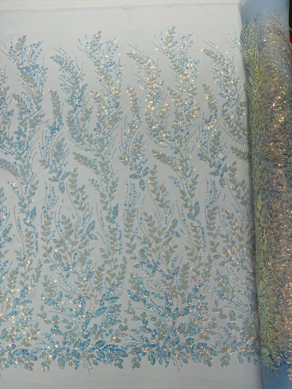 Clear Iridescent Leaf Design - Clear on Baby Blue - Embroidered Beaded Sequins Mesh Fabric by Yard