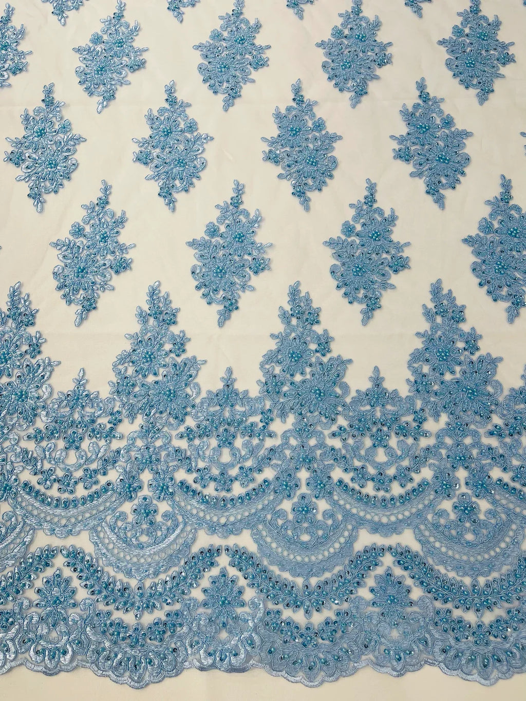 Beaded Flower Cluster Fabric - Baby Blue - Embroidered Beaded Fancy Border Floral Fabric Sold By Yard