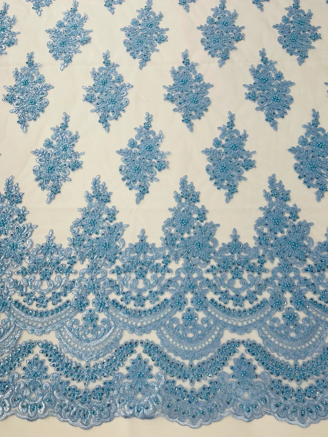 Beaded Flower Cluster Fabric - Baby Blue - Embroidered Beaded Fancy Border Floral Fabric Sold By Yard