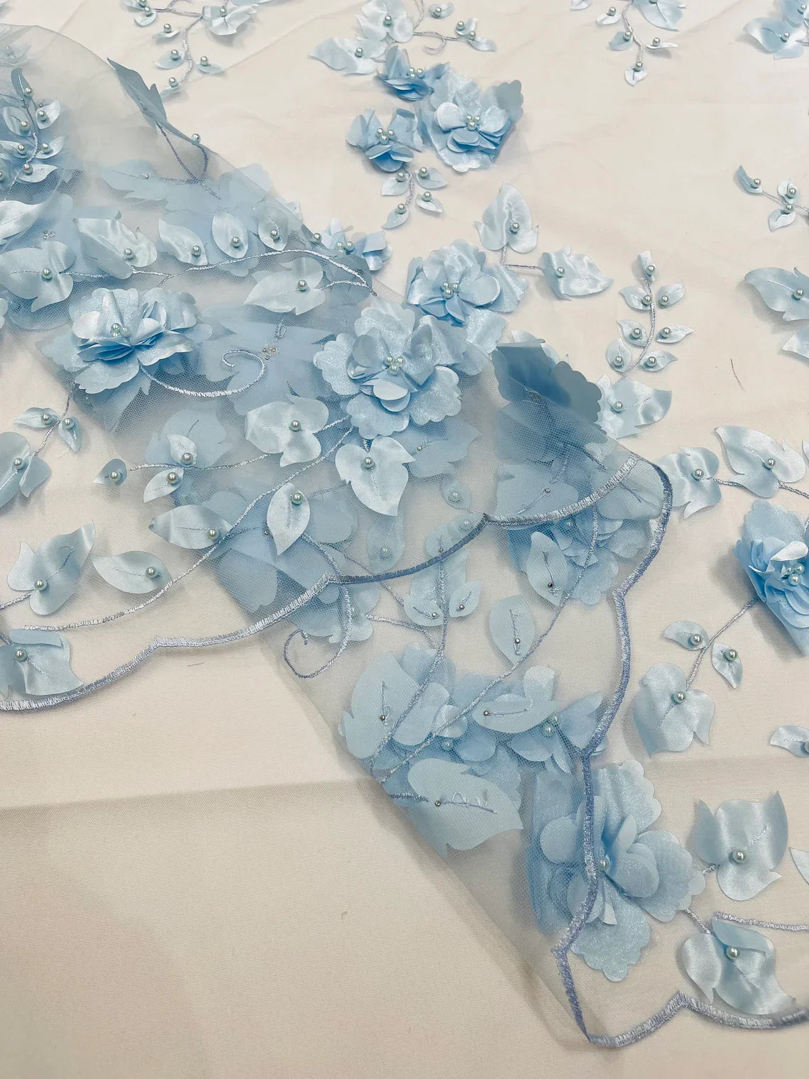3D Floral Pearl Fabric - Baby Blue - Embroidered Floral Pearl Fabric Double Border On Mesh By Yard