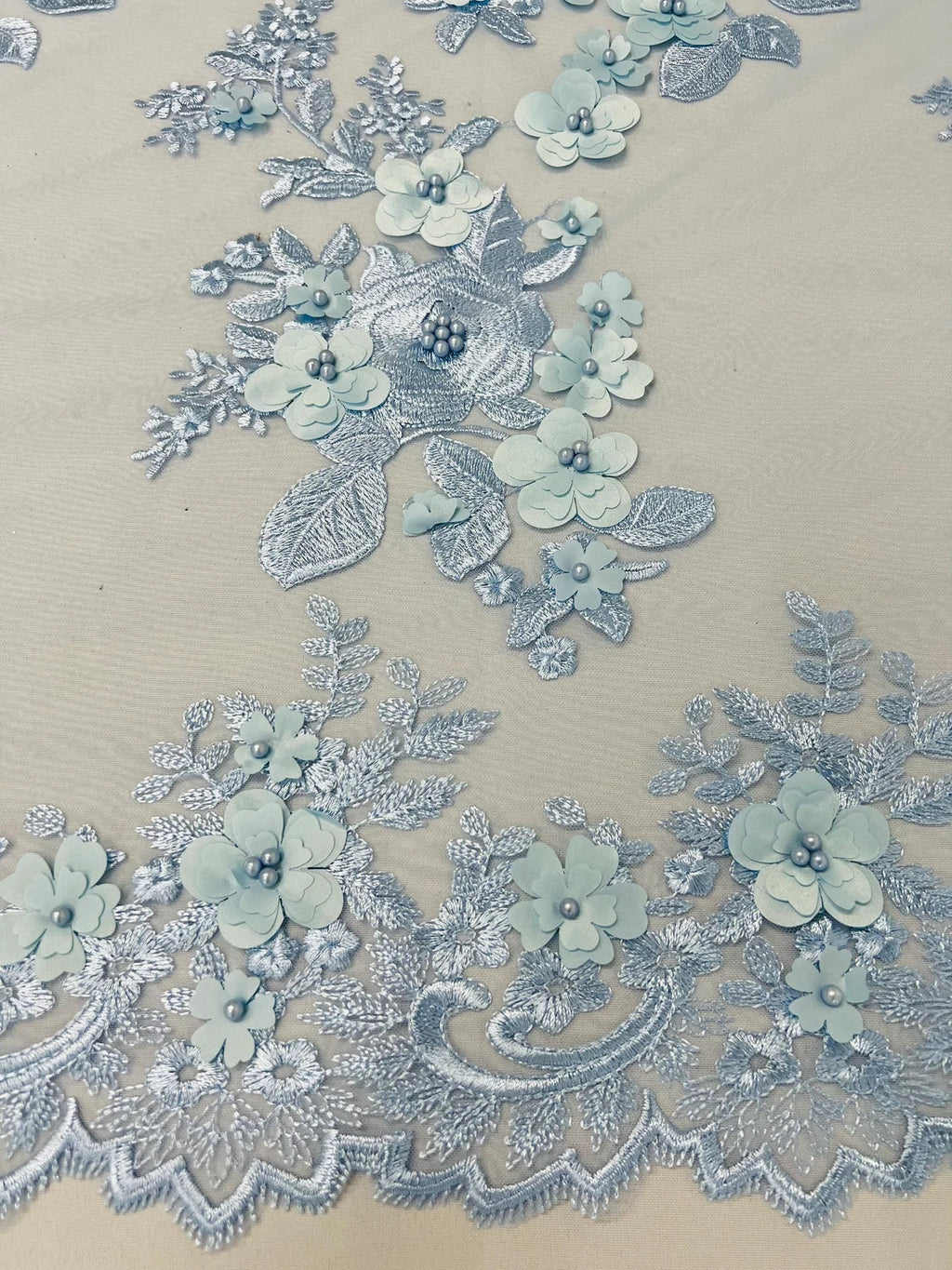 Floral 3D Rose Fabric - Baby Blue - Embroided Rose Flower Design Fabric Sold by Yard