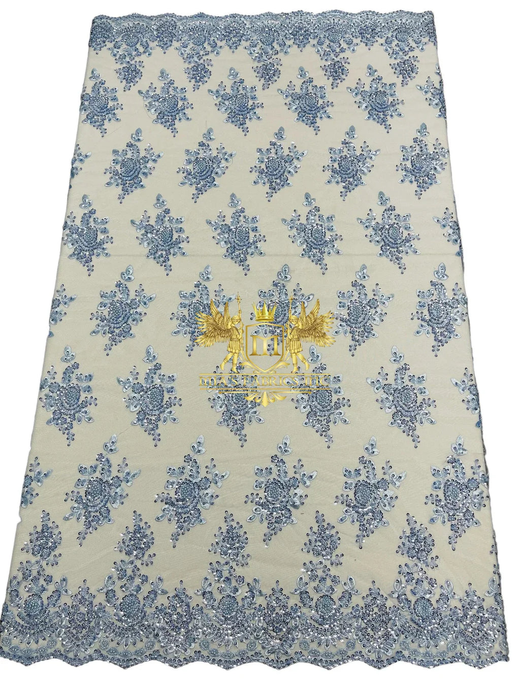 Floral Beaded Fabric - Baby Blue - Embroidered Beaded Flowers Cluster Design on a Mesh Sold By Yard