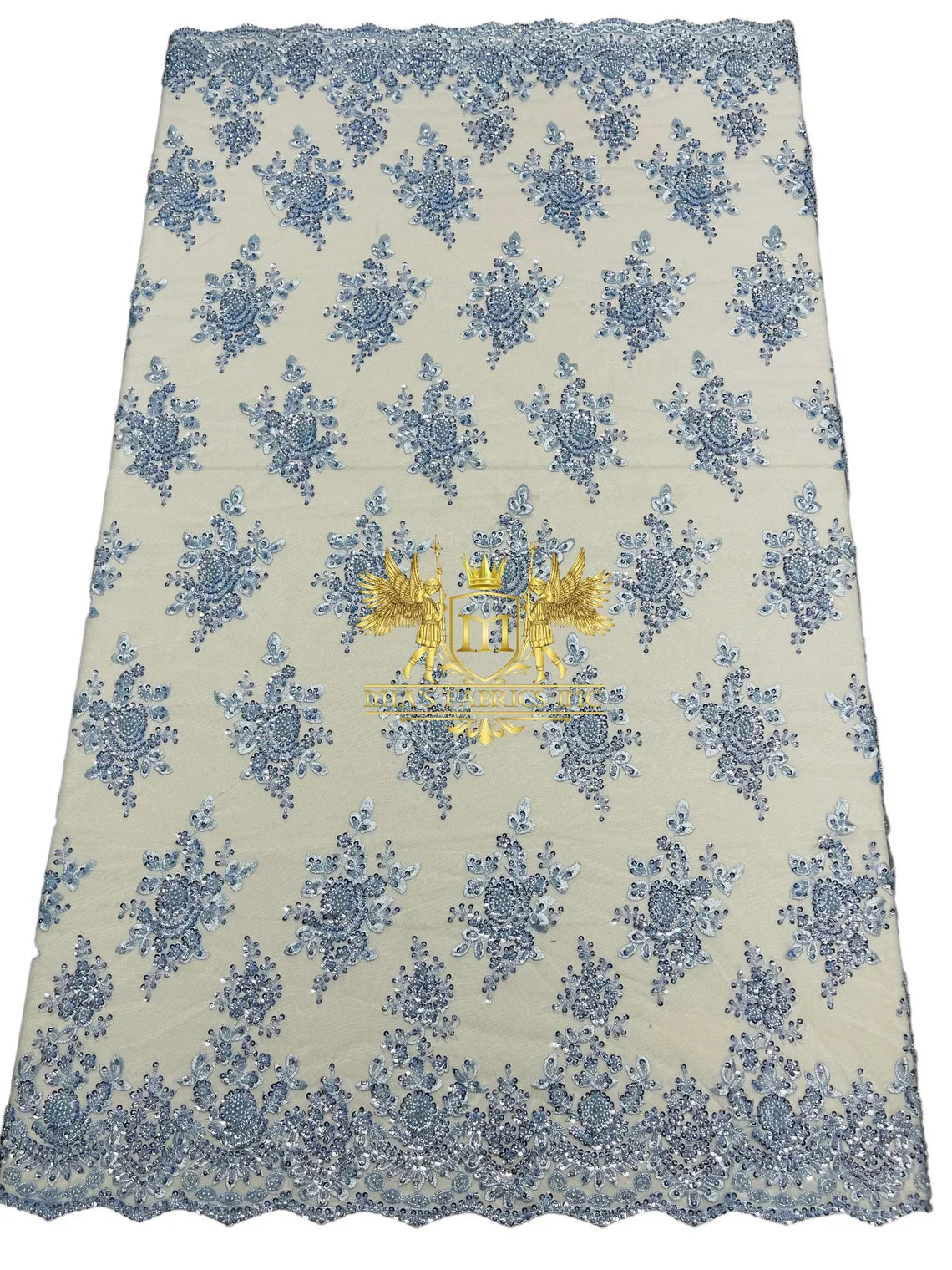 Floral Beaded Fabric - Baby Blue - Embroidered Beaded Flowers Cluster Design on a Mesh Sold By Yard