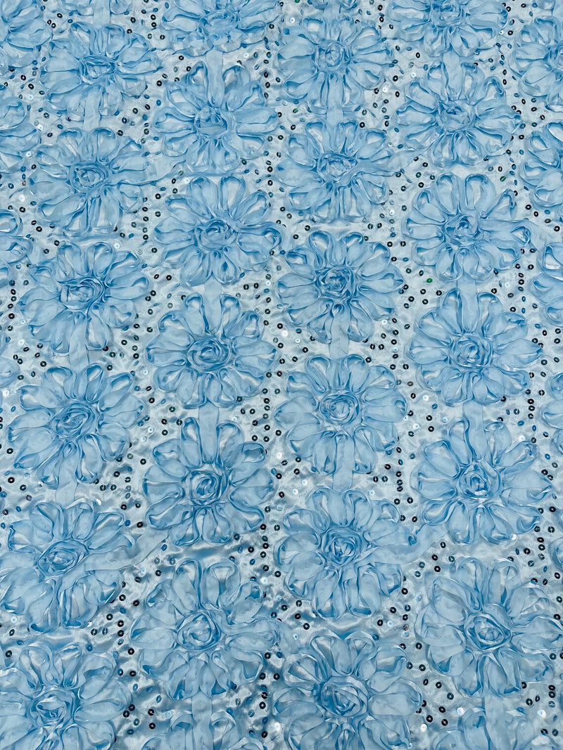 Satin Rosette Sequins Fabric - Baby Blue - 3D Rosette Satin Rose Fabric with Sequins By Yard