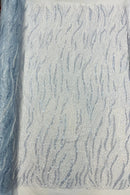 Wavy Design Beaded Fabric - Baby Blue - Beaded Wavy Leaf Embroidered Fabric By Yard