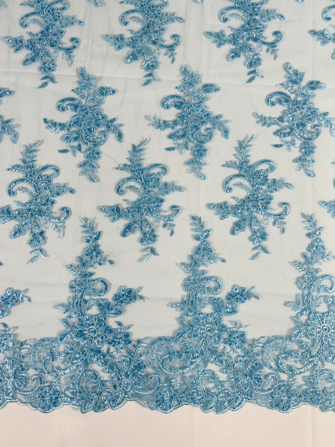 Lace Flower Cluster Fabric - Baby Blue - Embroidered Flower With Sequins on a Mesh Lace Fabric By Yard