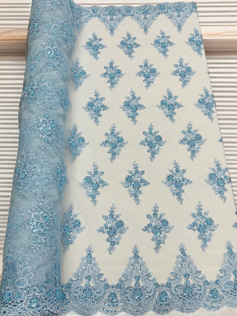Beaded Floral Fabric - Baby Blue - Floral Cluster Design Fabric with Damask Border by Yard