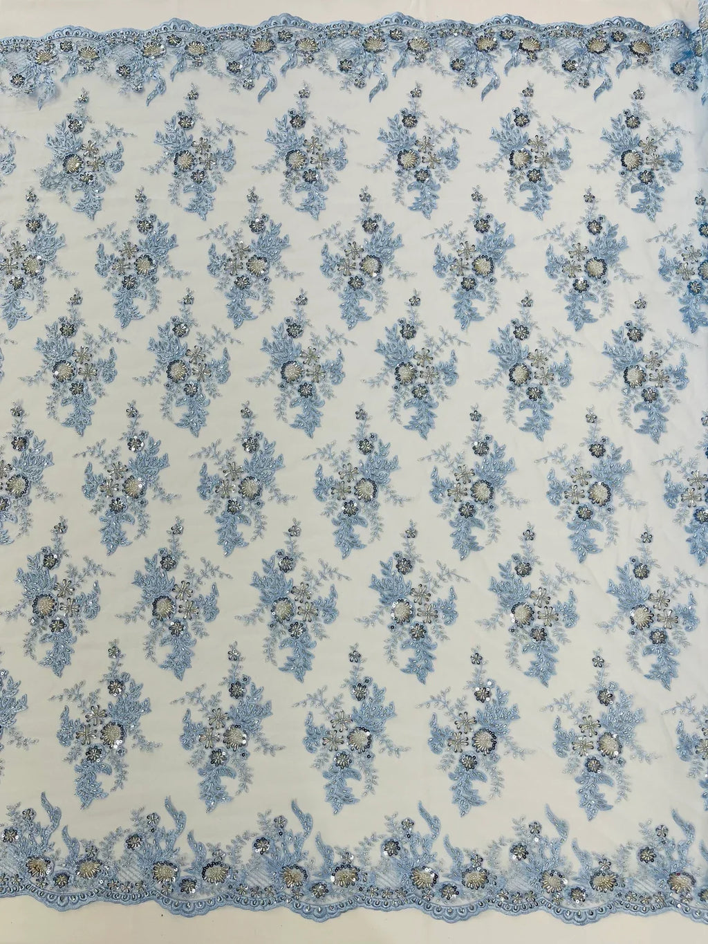 Beaded Flower Sequins Fabric - Baby Blue - Embroidered Beaded Floral Clusters Sequins Fabric By Yard