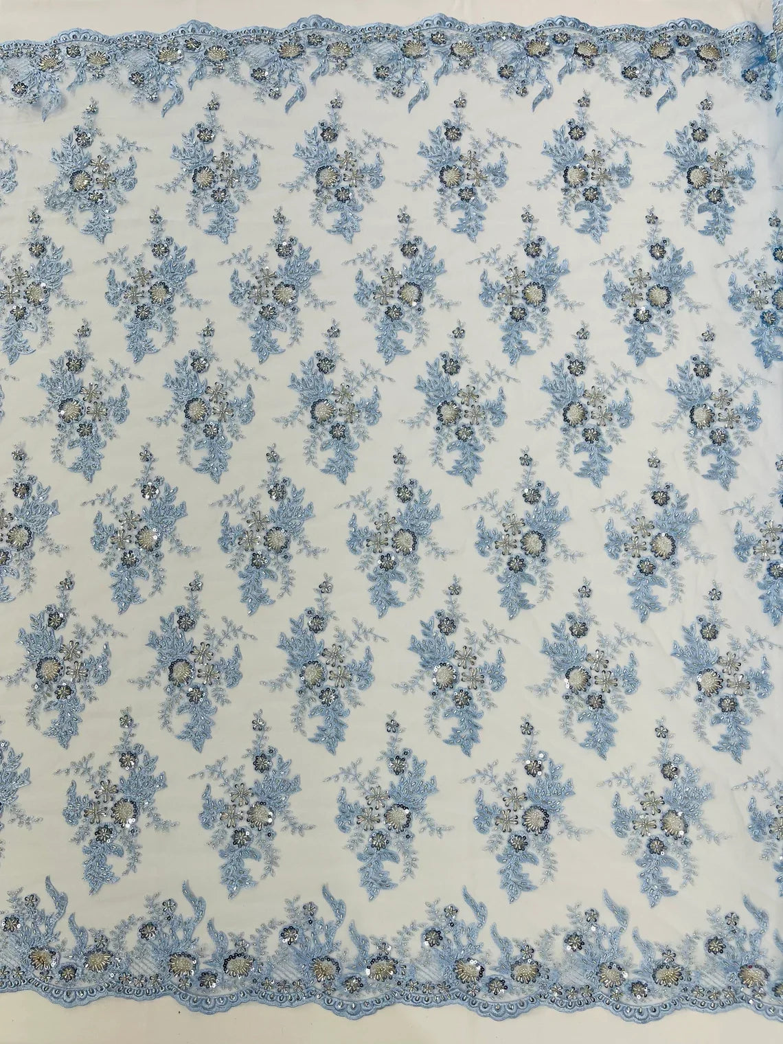 Beaded Flower Sequins Fabric - Baby Blue - Embroidered Beaded Floral Clusters Sequins Fabric By Yard