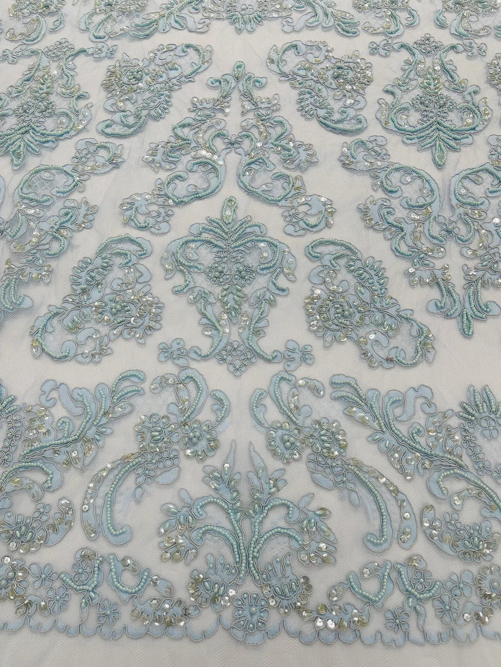 Beaded My Lady Damask Design - Baby Blue - Beaded Fancy Damask Embroidered Fabric By Yard