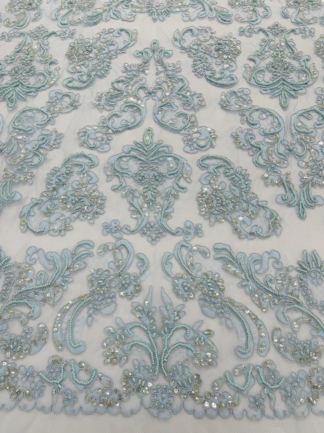 Beaded My Lady Damask Design - Baby Blue - Beaded Fancy Damask Embroidered Fabric By Yard