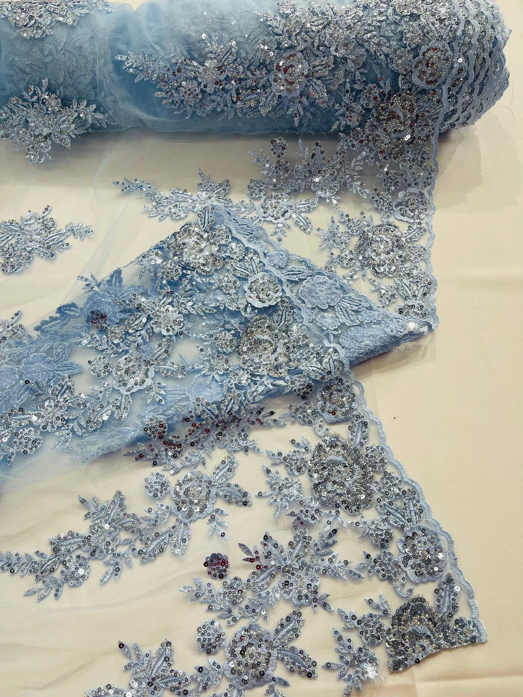 Beaded Rose Flower Fabric - Baby Blue - Embroidered Beaded Long Border Floral Fabric By Yard