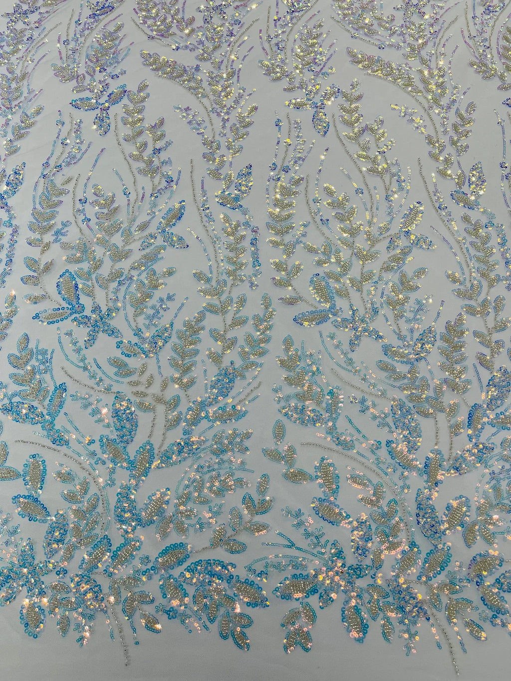 Clear Iridescent Leaf Design - Clear on Baby Blue - Embroidered Beaded Sequins Mesh Fabric by Yard