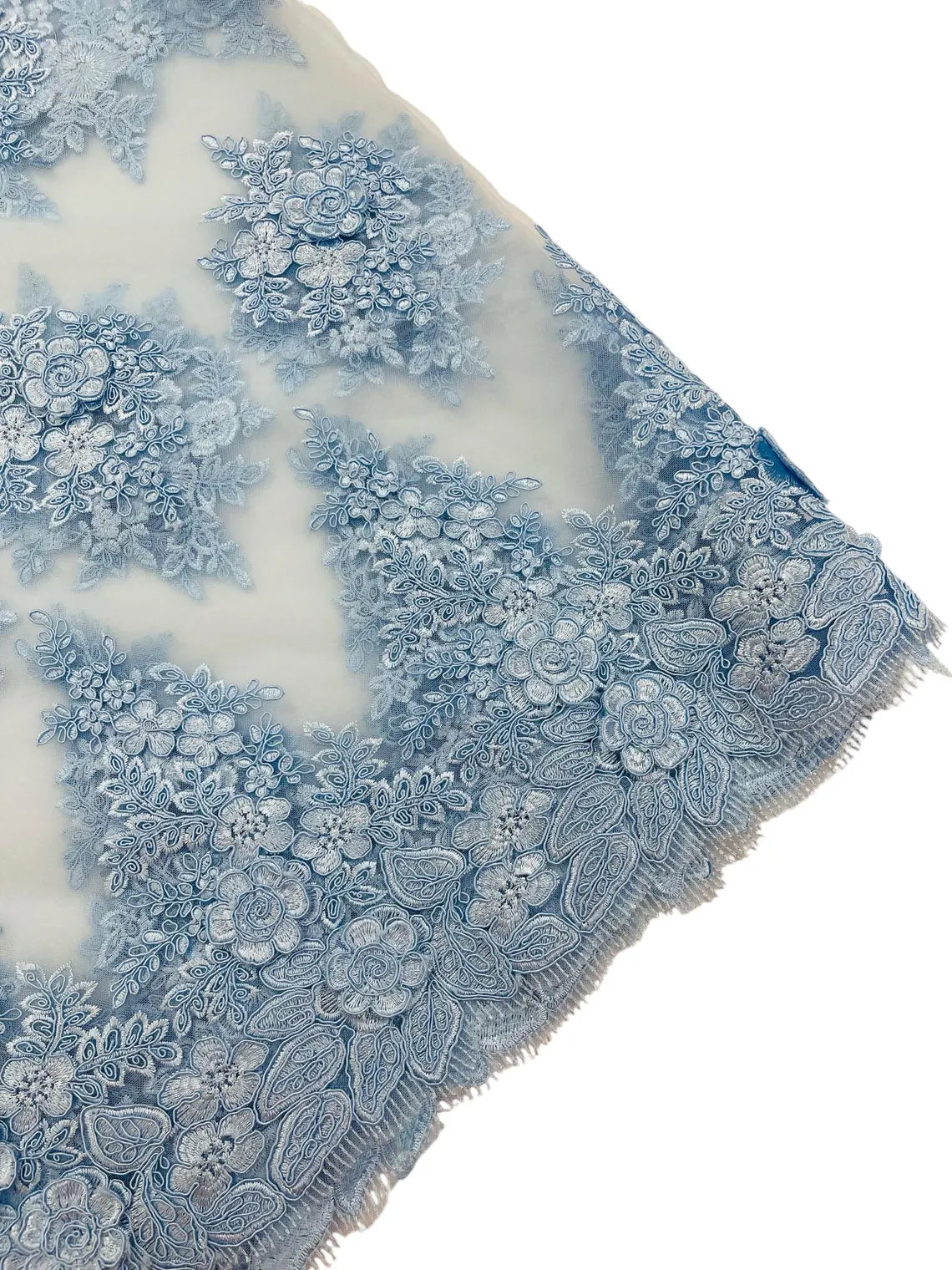 Corded Floral 3D Fabric - Baby Blue - Embroidered Floral Design on Lace Mesh Fabric by Yard