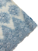 Corded Floral 3D Fabric - Baby Blue - Embroidered Floral Design on Lace Mesh Fabric by Yard