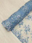 3D Flower Sequins Design - Baby Blue - Embroidered Pearl Sequins Floral Clusters Lace Fabric By Yard