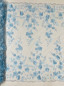 3D Floral Pearl Fabric - Baby Blue - Embroidered Floral Pearl Fabric Single Border On Mesh By Yard