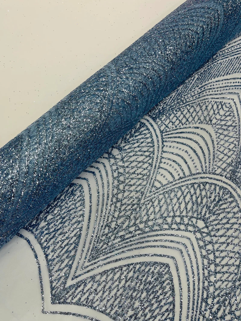 Geometric Glitter Fabric - Baby Blue - Shimmer Glitter Geometric Design Fabric By Yard