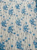 3D Glitter Floral Fabric - Baby Blue - 3D Flowers with Sequins and Glitter on Mesh Sold By Yard
