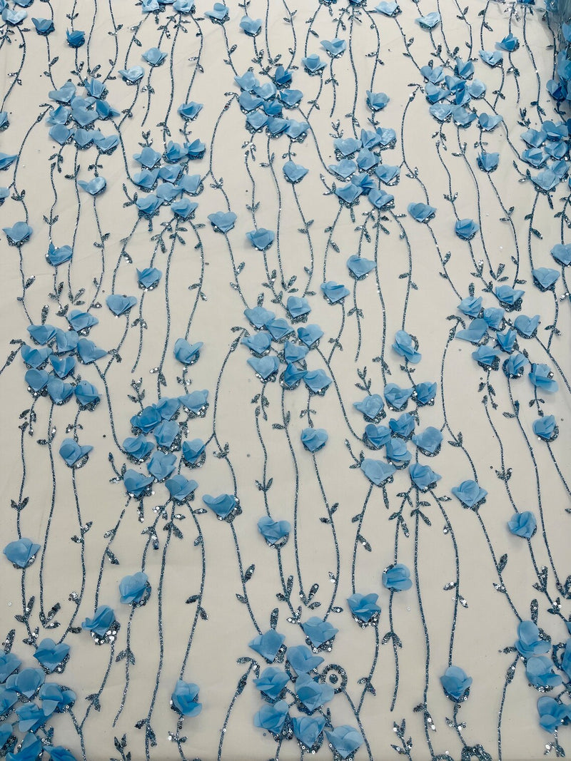 3D Glitter Floral Fabric - Baby Blue - 3D Flowers with Sequins and Glitter on Mesh Sold By Yard