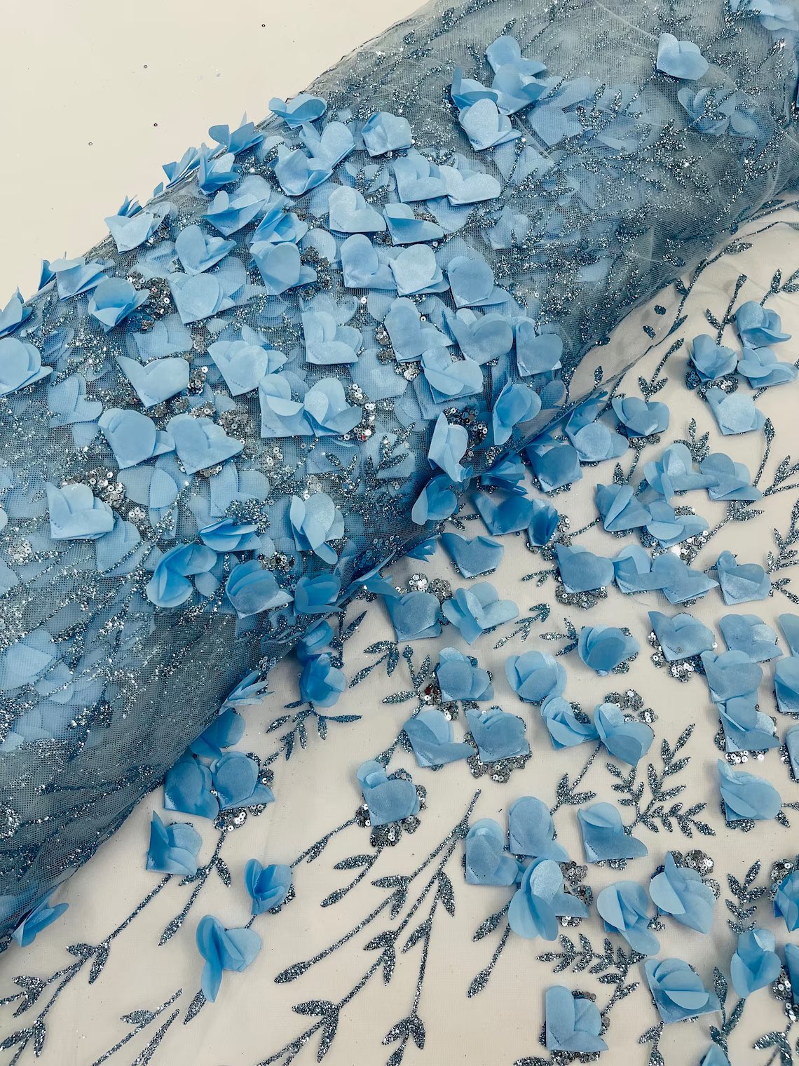 3D Flower Glitter Fabric - Baby Blue - Flower Design on Glitter Mesh Fabric Sold By Yard