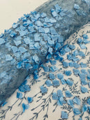 3D Flower Glitter Fabric - Baby Blue - Flower Design on Glitter Mesh Fabric Sold By Yard