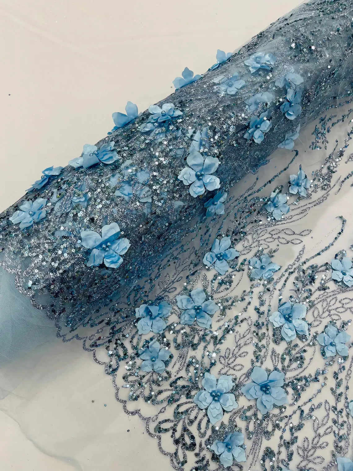 3D Glitter Floral Design Fabric - Baby Blue - Floral Line Design Embroidered Sequins Fabric by Yard