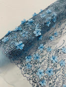 3D Glitter Floral Design Fabric - Baby Blue - Floral Line Design Embroidered Sequins Fabric by Yard