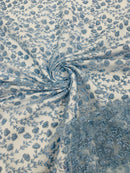Shimmer Glitter Flower Fabric - Baby Blue - Small Glitter Flower Design on Lace Sold By Yard