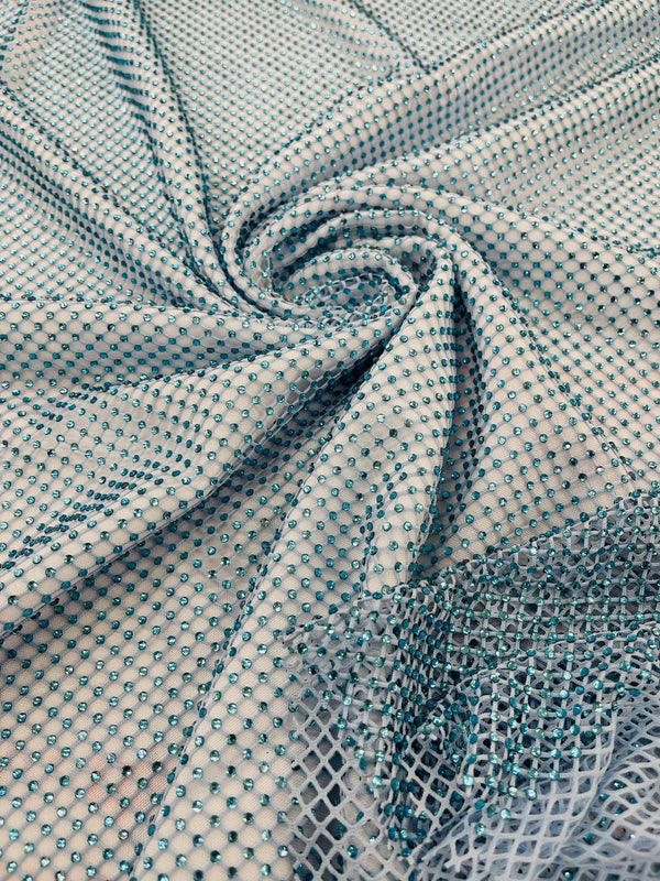 Fish Net Spandex Rhinestone Fabric - Baby Blue - Solid Spandex Fish Net Design Fabric with Rhinestones by Yard