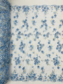 Multi-Color 3D Flower Fabric - Baby Blue - Multi-Tone 3D Flower Lace Fabrics Sold By Yard