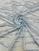 Wavy Design Beaded Fabric - Baby Blue - Beaded Wavy Leaf Embroidered Fabric By Yard