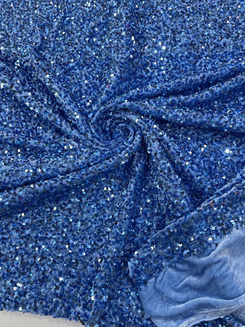Stretch Velvet Sequins Fabric - Baby Blue Full - Velvet Sequins 2 Way Stretch 58/60” By Yard