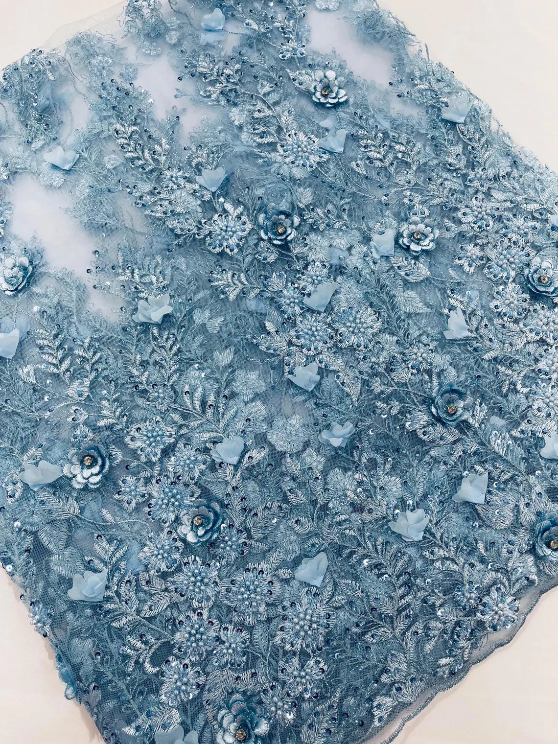 3D Flower Rhinestone Design - Baby Blue - Embroidered Flower Sequins Lace Fabric By Yard