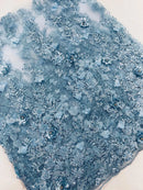 3D Flower Rhinestone Design - Baby Blue - Embroidered Flower Sequins Lace Fabric By Yard