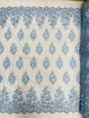 3D Fancy Floral Design Fabric - Baby Blue - 3D Flower Fabric with Small Beads on Lace Sold By Yard