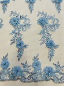 3D Flower Cluster Fabric - Baby Blue - 3D Flower Leaf Design Fabric with Pearls Sold By Yard